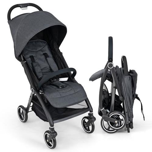 Maxmass Baby Stroller, Foldable Infant Pushchair with Adjustable Backrest & Canopy, 5-Point Harness, Storage Basket and Calf Support, Toddler Travel Buggy for 0-3 Years Old (Gray)