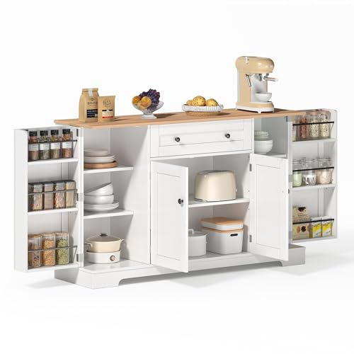 Azkoeesy Küchenschrank 138x40x85 cm, Multifunktionales Küchenbuffet Sideboard mit Türregalen, verstellbare Regale, 4 Türen & Schublade, Holzplatte, für Küche, Wohnzimmer & Schlafzimmer, Weiß