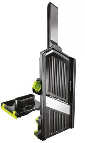 Mandolina regulable con puño, cuchillas de acero inoxidable, diseño ergonómico, ideal para cortar verduras y frutas en rodajas finas.