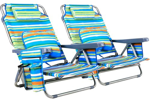 LIFERUN Lot de 2 chaises de Plage avec Fonction Sac à Dos, Portable, Pliables, pour l'extérieur, avec Dossier Haut, accoudoir, Coussin Lombaire, appuie-tête, Poches latérales, Pliables, Vertes