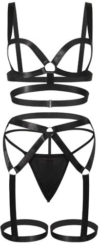 ROSVAJFY Women's Sexy Full Body Harness Set, Caged Cup Bondage Suspender & Thong as Black Garter Belt Lingerie for Club, Rave