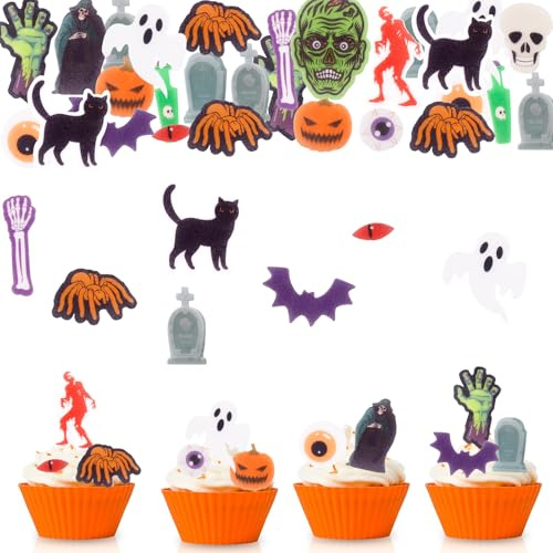 ENLACE RIP Tortendeko Halloween Deko Kuchen Essbar,60 Stück Essbare Horror Muffin Deko Halloween Cupcake Dekoration,Esspapier Tortendeko Horror Dekoration,Fledermaus Augen Kuchendeko Halloweenparty