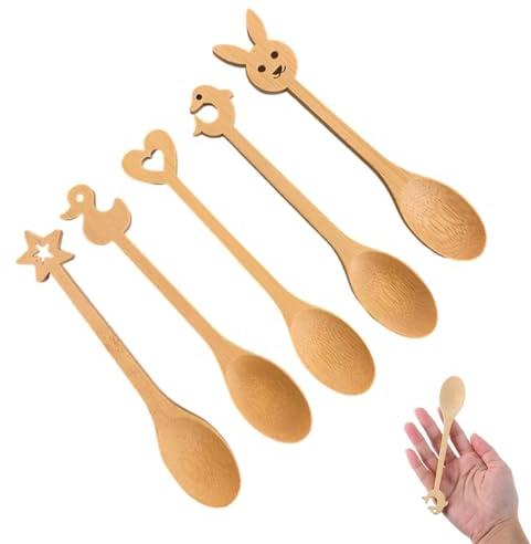 OUDQFCJ 5 piezas cucharas de cocina pequeñas de alta calidad, Cuchara de madera con dibujos animados, para cocinar y hornear, ideal para niños (16 cm)