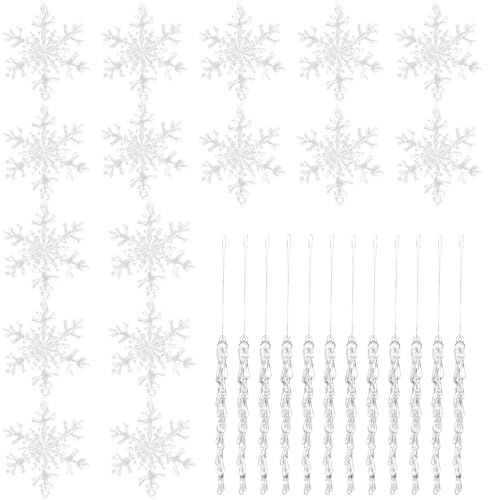 Set of 36 Snowflake and Icicle Christmas Tree Decorations, Clear Acrylic Ornaments for Christmas