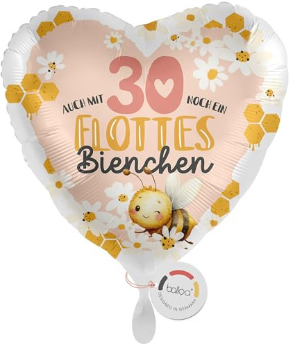 balloa Folienballon zum 30. Geburtstag Flottes Bienchen, Herzballon rosa mit Zahl 30, Helium geeignet Luftballon, Geburtstagsballon, Geschenk und Partydeko für Frauen und Erwachsene, 33cm