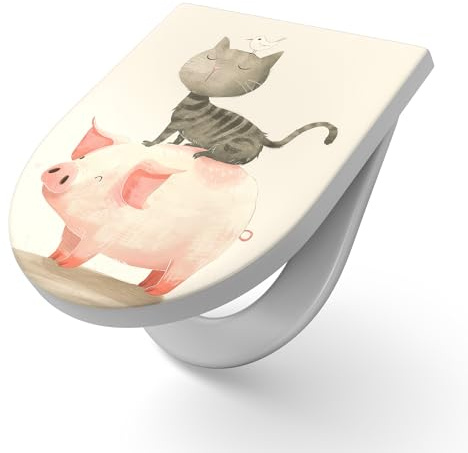 DEQORI Toilettensitz mit Motiv Tierisch gut gestapelt | WC Sitz in Weiß aus Duroplast | Format 36,4x45,4 cm – antibakterielle Klobrille für D-Form WC mit Deckel – pflegeleicht & dekorativ