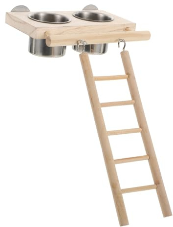 TOYZFRIENDY Mangeoire pour Perroquets Et Petits Oiseaux Bol à Manger Boire en Acier Inoxydable Et Bois Échelle D’Escalade Taille Moyenne pour Cage Intérieur Et Extérieur
