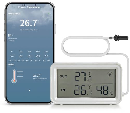 WLAN Thermometer Hygrometer Innen mit Sonde, App-Alarm, ohne Hub | Präzise Temperatur- und Feuchtigkeitsmessung per App mit Sofortalarm – Fernkontrolle Geeignet für Kühlschrank und Aquarium