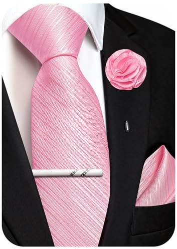 Ailisus Krawatte Herren Set Streifen Seiden Krawatte mit Einstecktuch Ansteckblume Krawattenklammer für Hochzeit Party 4PCS