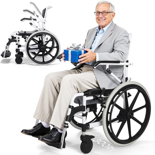 Hybodies 22 Self-Propelled Shower Wheelchair, 300LBs Heavy Duty Aluminum Shower Commode Chair with Flip-Up Armrests, Rolling Transfer Chair & Bathroom Mobility Aid for Seniors & Limited Mobility