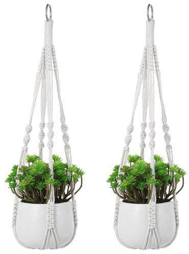 APLZGMG White Macrame Plant Hanger Set, 2 Pack Boho Hanging Plant Holder, Plants Hanger for Indoor Outdoor Home Decoration, 21 Inchs Braided Cotton Hanging Planters for Indoor Plants, No Tassels