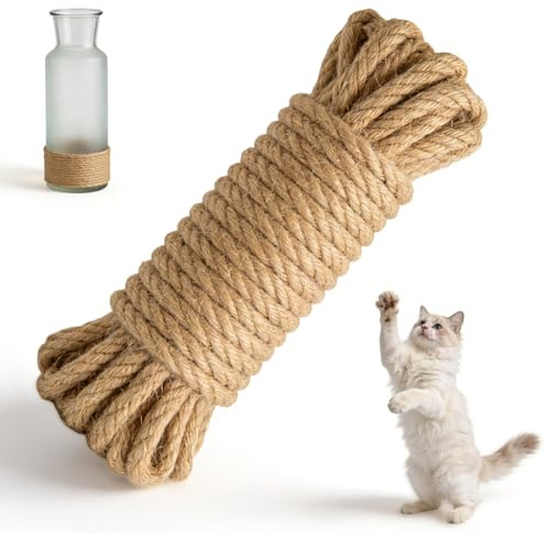 20m Cat Scratching Sisal Rope, 10mm Natural Jute Rope, Brown Garden Climbing Hemp Twine Strong Jute Twine for Scratching Post Tower Replacement or Recovering, DIY Cat Scratcher