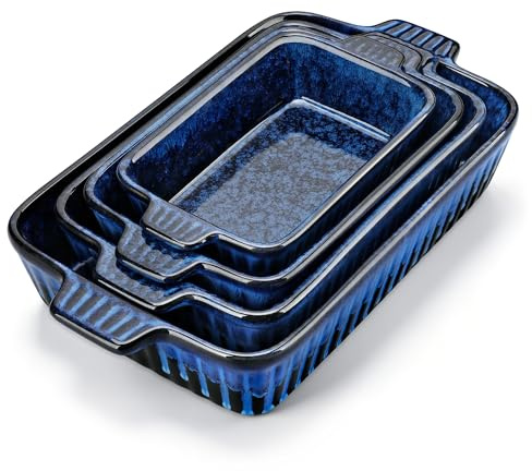 vancasso Juego de 4 Fuentes para Bandeja Horno, Grande y Pequeña (37, 30, 28 y 24 cm), Fuente Rectangular para Lasaña con Asas, Fuente de Gres Apta para Horno y Lavavajillas, Azul