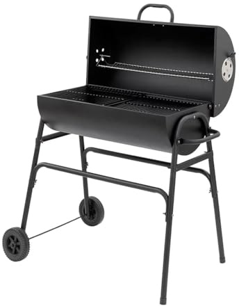 ZRIZAURA Uniflame 75cm Charcoal BBQ Grill Barrel Smoker (2,530 cm²) Cooking Area Large Outdoor Barbecue with Warming Rack, Wheels, Air Vent Control Steel 20 Burger Capacity