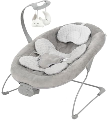 Puggle Comfy Snug Plush Music & Vibration Baby Bouncer (Melange Grey) | Cosy Baby Bouncer from Birth with Music, Vibration, 3 Plush Toys & Newborn Insert