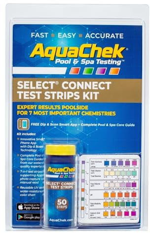 AquaChek Select Connect 7-Way Pool and Spa Test Strips Complete Kit - Pool Test Strips for pH, Total Chlorine, Free Chlorine, Bromine, Alkalinity, Total Hardness, and Cyanuric Acid - (50 Strips)