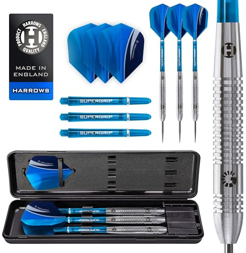Harrows Genesis dartset med volframstålspets, 21 g, 22 g, 23 g, 24 g, 25 g och 26 g — inklusive High Traction Grip SuperGrift, Shart Maratonflygningar och resväska (21 g)