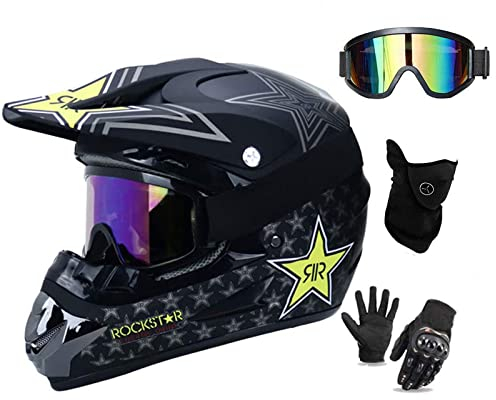 UIGJIOG Fullface Motocross-Helm Black DOT Certified Erwachsene Offroad Helm Downhill Für Kinder Mit Brille, Handschuhe Und Maske, Unisex,L(56~57cm)