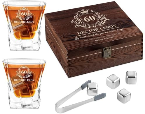 Maverton 8 Pierres à Refroidissement & 2 Verres gravés pour Homme | Verres à Whisky 250 ML dans la boîte Personnalisée en Bois, Cadeau d'anniversaire pour Chaque Homme, Classique