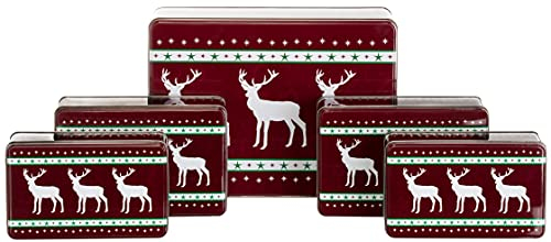 Brandsseller 5er Set Keksdosen aus Metall – Weihnachtsdosen mit Deckel, lebensmittelechte Vorratsdosen für Plätzchen, Gebäck & Kekse – Bordeaux Rentier