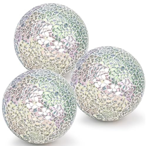 Kepfire 3 Stücke Mosaik Dekokugeln für Schalen,8cm Silber | Crackle-Kugeln, Vasenfüller für Tischdekoration, Weihnachten, Erntedankfest, Heimdekoration