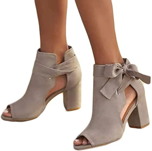 ZLZNX Women's Sandals Block Heel High Heels Summer Peep Toe Retro Shoes Fashion Ankle Boots Sandal,Gray,39CN