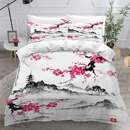 Funda nórdica de 140 x 200 cm, diseño de flores de cerezo en 3D, Japón, juego de cama, 1 personas, con cremallera, y 2 fundas de almohada de 3 piezas para niños y adultos