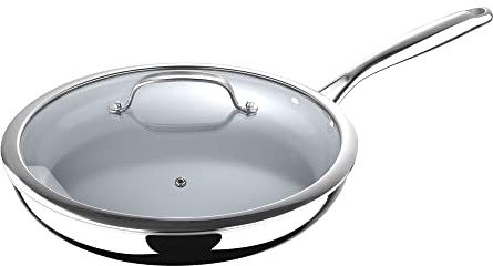 MasterPro - Frying Pan 30cm - Argent 3 Induction Stainless Steel Pan with Glass Lid, Professional Quality, Tri-Ply Multilayer for Improved Heat Retention & Distribution - Ovenproof - Black