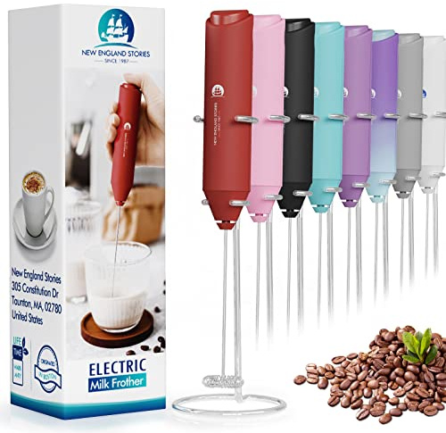 Espumador eléctrico de leche de mano, batidor de espuma para café, capuchino, latte, matcha, chocolate caliente, mini mezclador de bebidas, con soporte, rojo