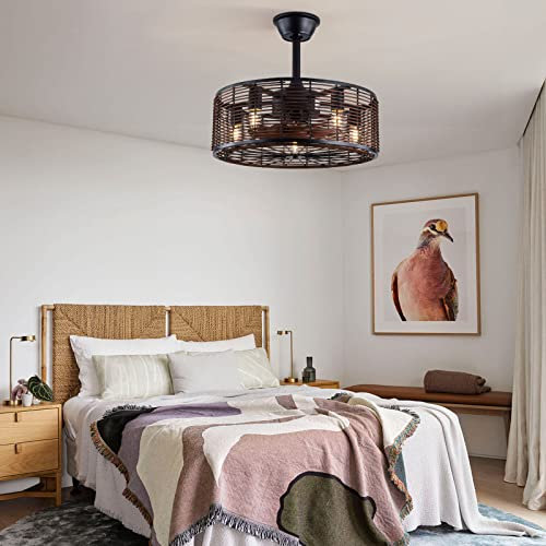 TaNeHaKi Ventilatore da Soffitto con LED,Ventilatore da Soffitto Vintage con Telecomando e Paralume Gabbia,3 Velocità,per Camera,Soggiorno,Cucina