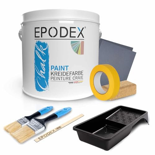 EPODEX CHALK PAINT con accessori, vernice a gesso per mobili e legno, opaca, senza solventi e ad alta opacità, vernice per mobili per legno, cemento, plastica, vetro, interni ed esterni, 1,1 kg (7 m²)