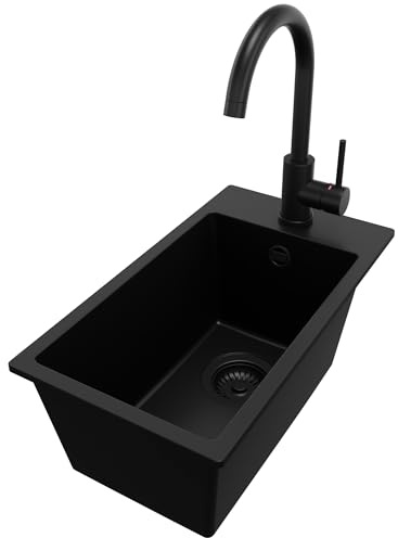 PRIMAGRAN Evier Cuisine en Granit au Meuble 30cm + Robinet, 28x50cm | Set: Robinet BW5010 + Kit de Vidage (Siphon, bonde d’évacuation, trop-plein) + Lavabo 1 Bac - Riga, Tout Noir