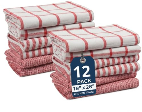 LANE LINEN Kitchen Towels Set – Pack of 12 Dish Cloths, 100% Cotton Absorbent Tea Towels 18” x 28” Quick-Drying & Soft Cleaning Kitchen Towel - Red
