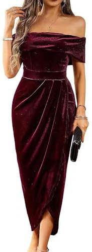Off The Shoulder Vintage Velvet Bodycon Midi Dress for Women Wrap Slit Elegant Cocktail Party Evening Pencil Dress (L,Burgundy)