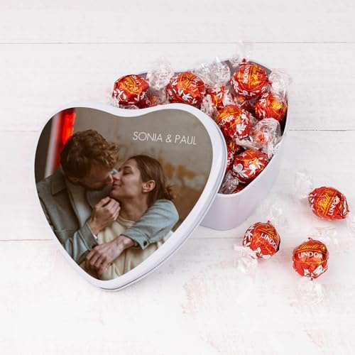 Wanapix | Herzf Blechdose mit Pralinen | Personalisierte mit Foto und Text | Mit 22 Pralinen | Originelles Geschenk zum Valentinstag |16x15x5 cm (800 ml)