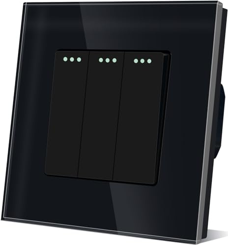 TAWOIA Interruptor de luz de 3 vías, 1 vía, empotrado, interruptor de botón, 86 x 86 mm, interruptor de luz de cristal negro, interruptor basculante
