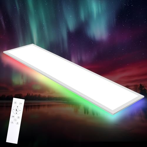 Oraymin Pannello LED Plafoniera Dimmerabile 120x30 cm con retroilluminazione RGB, 40W 4800LM, Plafoniera con telecomando e funzione memoria, lampada 3000K-6500K per soggiorno, camera da letto