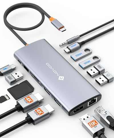 NOVOO 14-en-1 Docking Station Double Moniteur, Hub USB C vers Dual HDMI, Displayport, Ethernet RJ45, 100W PD, USB 3.0/2.0, SD/TF et Audio, Station d'accueil USB C pour MacBook HP Dell