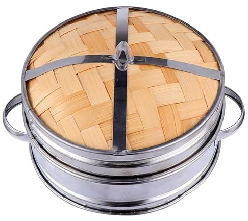 ANSNOW Bambus-Dämpfkorb, Küchen-Dampfkorb Mit Edelstahlbändern, Starke, Langlebige Und Verstärkte Bambus-Dämpfpfanne Für Sim Sum-Knödel, Gemüse, Reis, Fleisch, Fisch/1 Lagen + 1 Deckel/6 Zoll