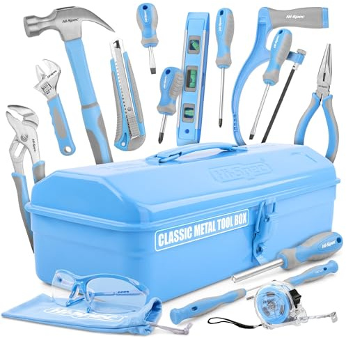 Hi-Spec Juego de Herramientas Azul para Niños y Principiantes de 33 Piezas con Caja de Metal. Herramientas Reales de Bricolaje con Destornilladores, Martillo, Alicate, y Mas. Incluye Maletin de Metal