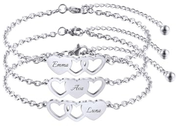 LINEMENG Customized 2-3 Stück Herz Armbänder Gravur Beste Freundschaft Armband Set Edelstahl personalisierte Namen für Schwestern Frauen Hochzeit Brautjungfer
