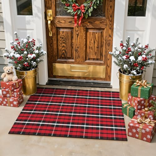 LEEVAN Christmas Outdoor Rug, Washable Buffalo Plaid Black and Red Front Porch Door Mat, Xmas Checkered Woven Doormat, Layered Entryway Rug for Kitchen/Sink/Back Door/Holiday Decor 27.5x43 Inch