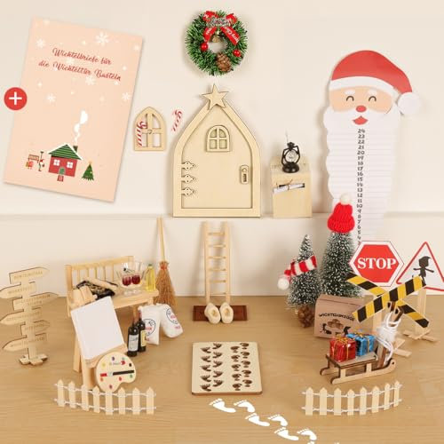 64Pcs Wichteltür Zubehör mit Briefen Weihnachten, Miniatur Feentür Leuchtend Komplettset, Wichtel Baustelle Staffelei Backen Adventskalender, Elfentür, Wichtelhaus Bastelset DIY
