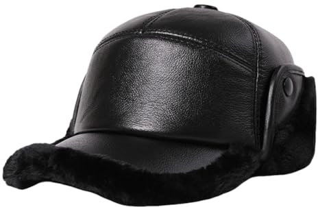 Herren-Baseballkappe für kaltes Wetter, mit Ohrenklappen, warmes Kuhleder, russische Mütze, Fleece, Schwarzes Rindsleder, XXL