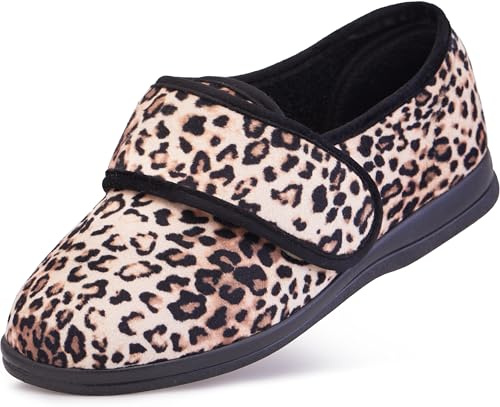 Cosyfeet Holly - Leopard Plush - 7-6E Width - Extra Wide Women's Slippers