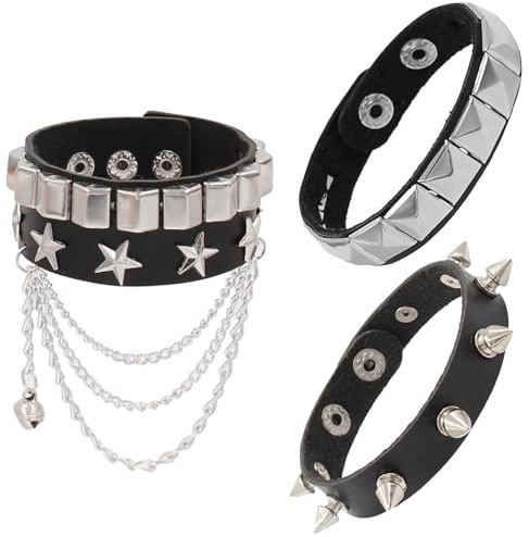 ARROMI 3 braccialetti con borchie, braccialetti emo, braccialetti a spillo, braccialetto con borchie rocciose, bracciale in pelle per uomini e donne anni '80, polsini regolabili da polso per feste di