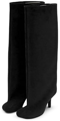 PAYDVOIER Women's Square Toe Knee High Boots Wide Calf Stylish Boots Nude Suede Long Boots Fall Winter Stiletto High Heels Pull On Tall Boots Fashion Casual Cute Slouchy Boots Black Size 37