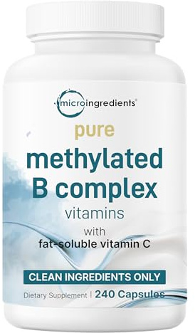 Micro Ingredients Pure Methylated B Complex, 240 Capsules | 11-in-1 Formula with Methylfolate, B12, Thiamin, Inositol, Choline, & Fat Soluble Vitamin C | Clean Ingredients Without Fillers | Non-GMO