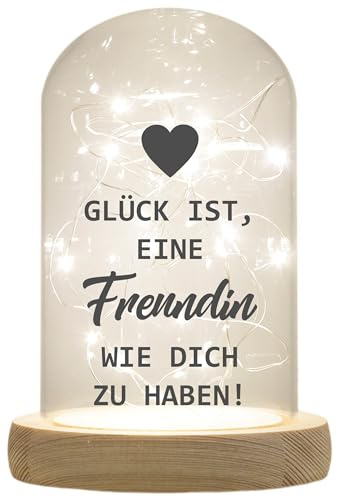 WB wohn trends LED-Glaskuppel, Glück ist eine Freundin wie Dich zu haben, 16,5x11cm, Glasglocke mit LED-Licht und Holz-Fuß LED-Laterne LED-Lampe mit Text Spruch