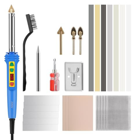 150W Plastic Welding Kit, 2-in-1 Plastic Welder & Soldering Iron Gun 2-Speed Adjustable with 5 Soldering Tips, 56 Rods, Steel Mesh, Metal Brush for Car Bumper Surface Repair, Blue